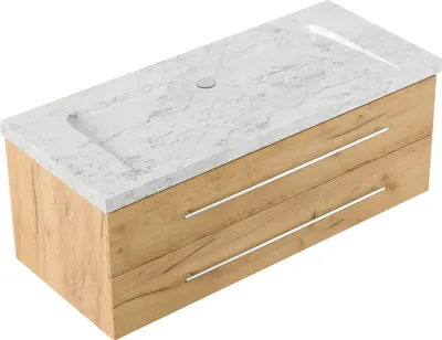 Produktbild von Badmöbel Marmor Carrara White Damo 130 cm ohne Hahnloch SoftClose eiche gold : Eiche Gold Varianten: Eiche Gold