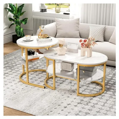 Produktbild von Set aus 2 ovalen Couchtischen, 2-in-1-Couchtische mit Stauraum, Marmoroptik, Couchtisch für Wohnzimmer, Balkon und Büro (oval, weiß + goldfarben)