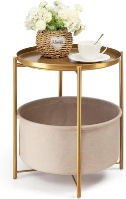 Image de Table d'appoint ronde avec panier de rangement en tissu, table d'appoint en métal, petite table de chevet, table de chevet avec tiroir
