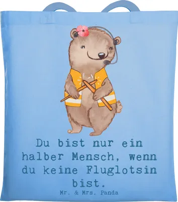 Produktbild von Mr. & Mrs. Panda Jutebeutel Fluglotsin Herz - Sky Blue - Geschenk, umhängebeutel, Shopping Tasche, Ausbildung, Beutel, Spruch, Witzig, Lustig, Baumwolltasche, Tote Bag