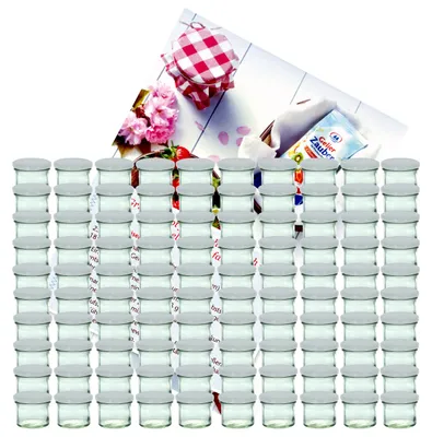 Produktbild von 100er Set Sturzglas 125 ml To 66 silberner Deckel incl. Diamant-Zucker Gelierzauber Rezeptheft