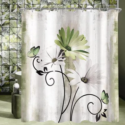 Zdjęcie produktu dla Ibenzoa® Zasłona prysznicowa – kolor: oliwkowy, wymiary: 180 x 200 cm, materiał: poliester, wzór: stokrotki i motyle, powłoka antybakteryjna, wodoodporna, obciążony dół