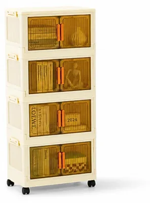 Produktbild von Aufbewahrungsbox EasyCube stapelbar mit 4 Ebenen und Rollen | HxBxT 25,5x39x26,5 | 19 L pro Ebene | Transparante und magnetische Türen | Weiß-Transparent