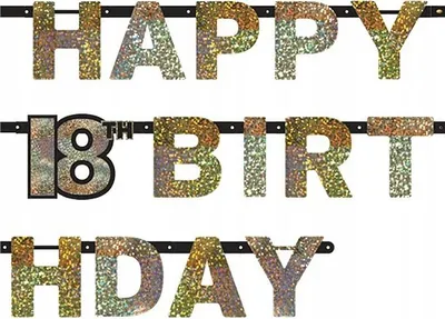 Productafbeelding van Amscan 9900553, 2,4 m x 16 cm, gouden "Celebration 18" banner met prismatische letters, geschikt voor feesten, verjaardagen, horizontaal, goud, folie, 2,13 m