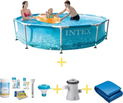 Produktbild von Intex Metal Frame Pool - Strandseite - 305 x 76 cm - Inklusive WAYS Wartungspaket, Filterpumpe & Bodenplane