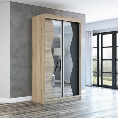 Produktbild von Schwebetürenschrank, 2-türig Schrank mit Spiegel! Moderne Garderobe für Kleidung. Verschiedene Farben (Weiß, Schwarz, Somona) Kleiderschrank RIMA 120 cm