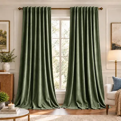 Productafbeelding van 2 fluwelen gordijnen, lichtdicht, thermisch isolerend, met plooiband, geschikt voor woonkamer en slaapkamer, groen, afmetingen 132 cm breed x 305 cm hoog
