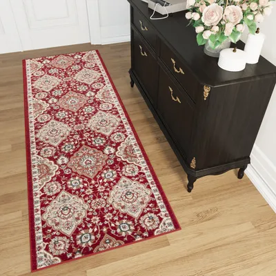 Produktbild von Läufer Teppich Meterware Flur Wohnzimmer Schlafzimmer Kurzflor Rot Klassisch Design Meliert  100 x 130