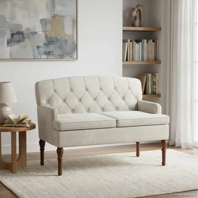 Immagine prodotto di Divano a due posti, rivestito in velluto color crema, con cuciture a bottone. Dimensioni: 111 x 65 x 79 cm