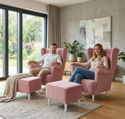 Produktbild von 2er-Set Ohrensessel ZOJA Royal – inkl. Hocker, Velours in Altrosa, Family Meble, KI-generiertes Bild