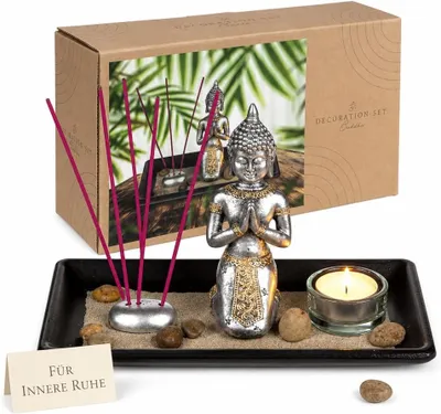 Productafbeelding van Meditatieset: Boeddhafiguur op zwart houten dienblad, incl. theelichthouder, wierookstokjes