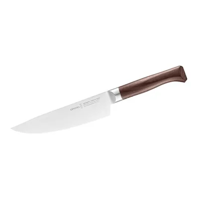 A chef's knife with a wooden handle is shown against a white background.