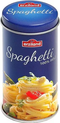 A cylindrical tin of spaghetti with a picture of spaghetti on the front.