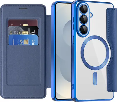 Obrázek produktu pro Pouzdro pro Samsung Galaxy S26+ kompatibilní s MagSafe, průhledné pouzdro s držákem karet, kožené pouzdro s ochranou kamery modré