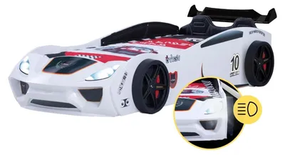 Produktbild von Autobett Dream Racer Kinderbett mit Rückenpolster Rennauto-Design mit Lattenrost 90x200 Kunstleder Sportsitze, Spoiler Spielbett Weiß