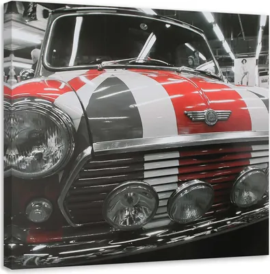 Produktbild von Leinwandbild altes auto mit britischer flagge 60x60 cm Feeby grau wandbild bereit zum aufhängen