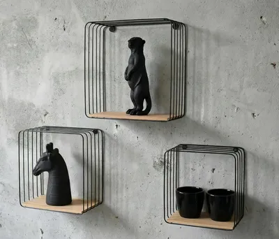 Zdjęcie produktu dla Półka ścienna zestaw 3 sztuk, czarny metal z bambusem, do salonu, 27 x 27 x 12 cm