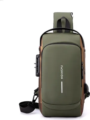 Produktbild von Brusttasche Herren Sling Bag,Passwortschutz Anti-Diebstahl Crossbody Bag,Umhängetasche Outdoor Wasserdicht Lässige Herrentasche,mit USB-Ladeanschluss (Grün und Braun)
