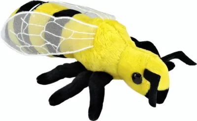 A plush toy bee is shown against a white background.