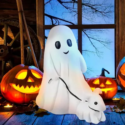 Immagine prodotto di Decorazione di Halloween fantasma e cane a piedi statua ornamenti - divertente fantasma a piedi cane figura 2024 (A - Boy)