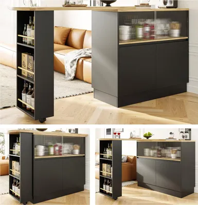Produktbild von Kücheninsel mit 360° Rotation, Barschrank mit Glasschiebetür & Stauraum, Weiß & Holzoptik, multifunktionaler Küchentisch & Sideboard