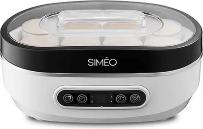 A white and black yogurt maker with a transparent lid, showing multiple yogurt cups inside.