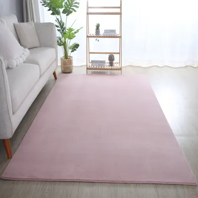 A pink rug is laid out on a wooden floor in a living room setting, next to a sofa and a shelf with decorative items.