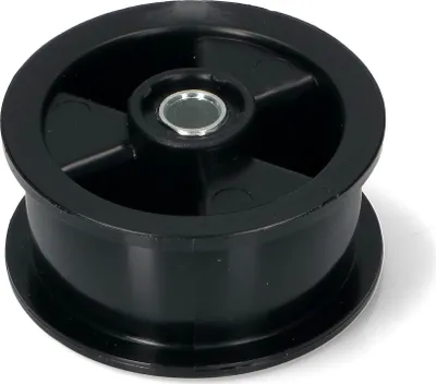 A black pulley wheel with a metallic center.