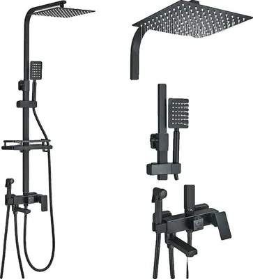Obrázek produktu pro Sprchová armatura, výškově nastavitelná, jednopákové ovládání, čtyřcestná černá 12", čtyřcestná černá 12