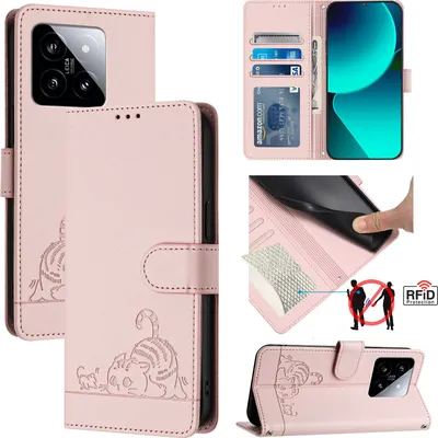 Produktbild von Leder Hülle für Xiaomi 14 Süße Katze Flip Case Brieftasche Schutzhülle mit Standfunktion Pink