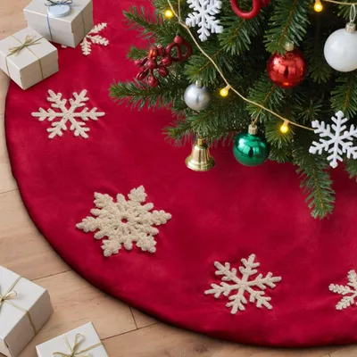 Weihnachtsbaumrock 90 cm, Samt, bestickte Schneeflocken, rot