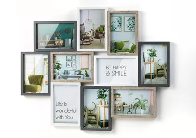 A collage of multiple picture frames arranged in a cross shape on a white background.