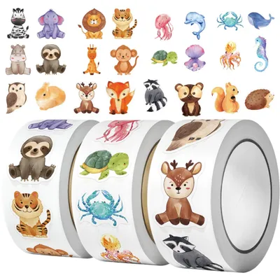 1500 Tier-Sticker für Kinder, rund, wasserfest, bunt, 3 Rollen