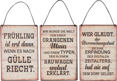 Produktbild von 3er Set Blechschilder H15cm Sprüche Dorfleben Wandbild Wanddeko Deko Schilder