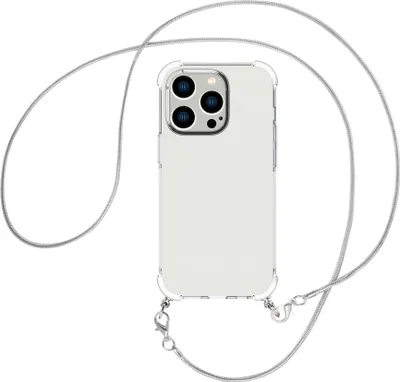Produktbild von Handykette Backcover-Schutzhülle mit Band (Metall silberfarben) für Apple iPhone 15 Pro - silberfarbene Snake-Kette