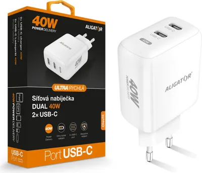 Image de Chargeur secteur intelligent ALIGATOR Power Delivery 40W, 2xUSB-C, blanc