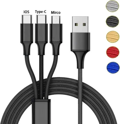 Produktbild von 3in1 Ladekabel Universal Handy für Apple iPhone Samsung Huawei Lenovo Xiaomi Micro USB Typ C Laden Länge 1.2m - Schwarz