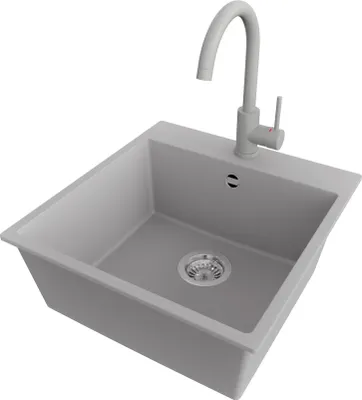 Produktbild von PRIMAGRAN Granitspüle Grau 48x50cm, Spülbecken 1 Becken + Küchenarmatur 32x20cm + Ablauf-Set, Küchenspüle ab 50er Unterschrank - Riga