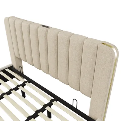 Produktbild von Flieks Polsterbett 180x200cm mit Ladefunktion (USB, Typ-C), Doppelbett Stauraumbett mit Lattenrost, Hydraulisches Jugendbett Boxspringbett, Leinen