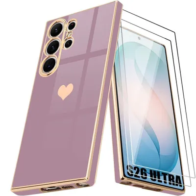 Image de Coque + 2 Verres Trempés pour Samsung Galaxy S26 Ultra, Silicone avec Motif Cœur Protection Antichoc Slim Violet