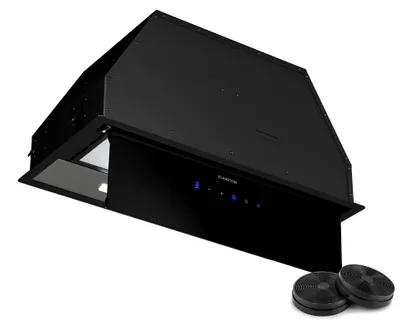 Obrázek produktu pro Klarstein Ventimate digestoř, 60 cm digestoř s dotykovým ovládacím panelem, průtok vzduchu 387 m³/h, energetická účinnost A+, tichý DC motor, LED osvětlení, uhlíkový filtr pro recirkulaci, černá barva