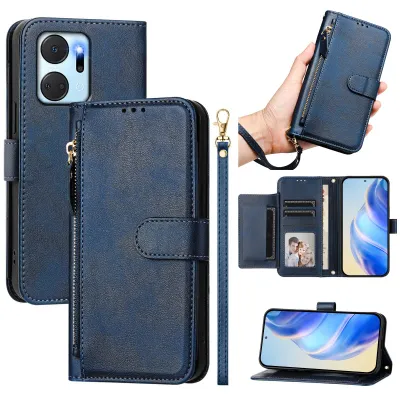 Produktbild von Wallet Hülle für Honor X7A, Flip Stand Kunstleder Kartenhalter Brieftasche Reißverschluss Blau