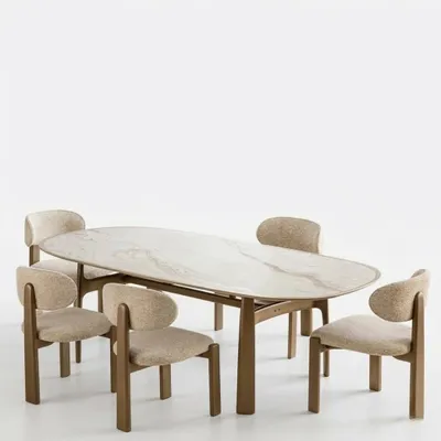 Image de Ensemble de salle à manger, style moderne, avec des chaises rembourrées beige et une structure en bois