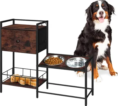 Zdjęcie produktu dla Relaxdays – stacja do karmienia dla psów, 2 miski, schowek, wymiary 76 x 90 x 27 cm, podwyższony blat, styl industrialny, szafka dla psów, kolor brązowy