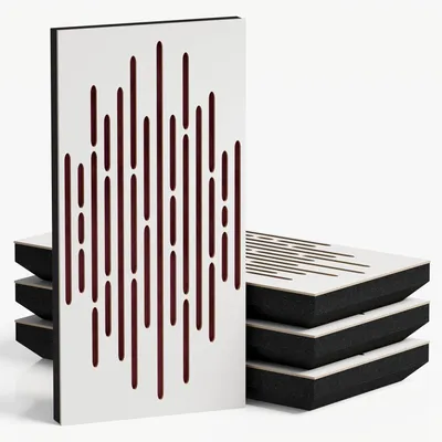 Produktbild von 4er-Pack – Schmale Akustikpaneele mit Samtstoff |50x25 cm| Dekorative Geräuschkontrolle & Echoreduzierung | Diffusion [WAVE-F Weiß|Bordeaux]