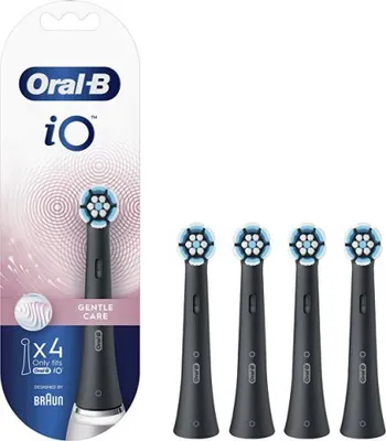 A package of Oral-B iO Gentle Care toothbrush replacement heads, with four heads displayed.