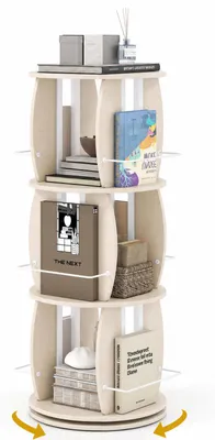 Produktbild von COSTWAY 360° Bücherregal mit Schutzgeländer, Drehbares Standregal mit Sockel & Schutzgeländer, Drehregal mit Ecken, Büroregal für Wohnzimmer, Natur