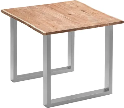 Produktbild von Esszimmertisch 80x80 cm Quinn, echte Baumkante, naturfarben, massiver Esstisch aus Akazienholz, Metallbeine Silber, Baumkantentisch