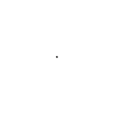 A small, dark square object is centered on a plain white background.