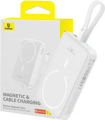 Produktbild von Baseus Magnetic Mini MagSafe 10000 mAh 20 W Powerbank mit integriertem iPhone Kabel + Kabel 60 W 0,3 m  Weiß
